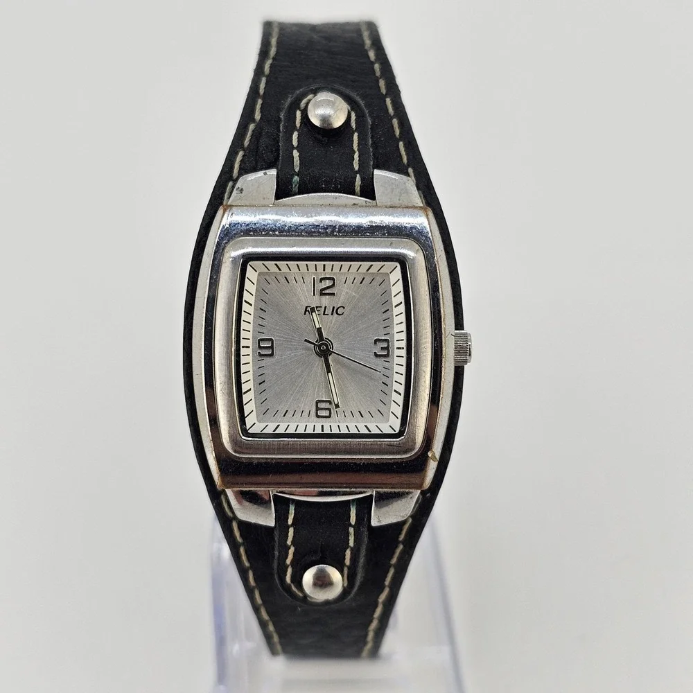 Relic Women's Watch 26mm Gray Dial Black Leather‎ Cuff Band New Battery